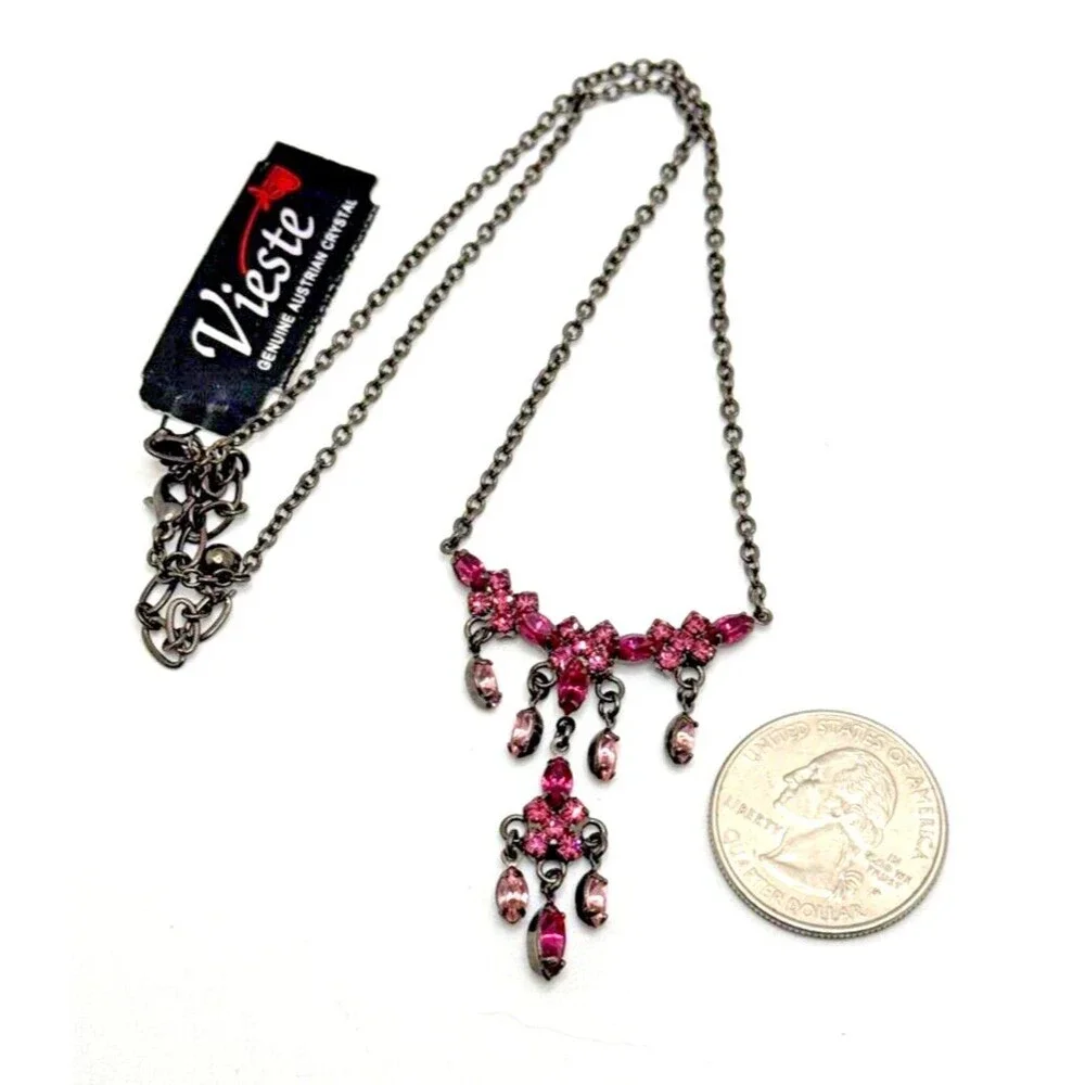 New VIESTE Pink Austrian Crystal Dangle Pendant Necklace Genuine Gems 16-18